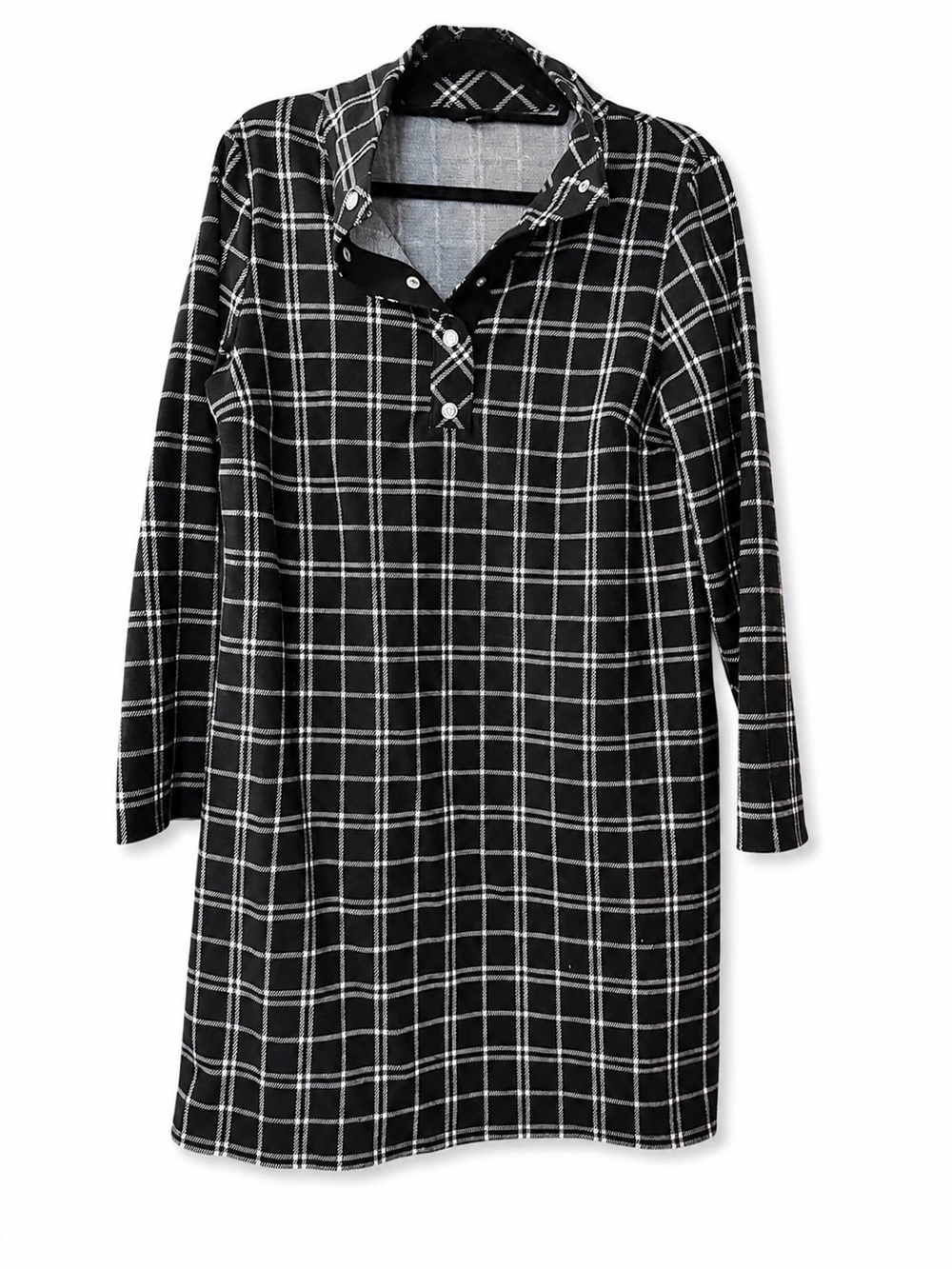 Talbots Black White Plaid Knit Dress Size L Long Sleeve Button Collar